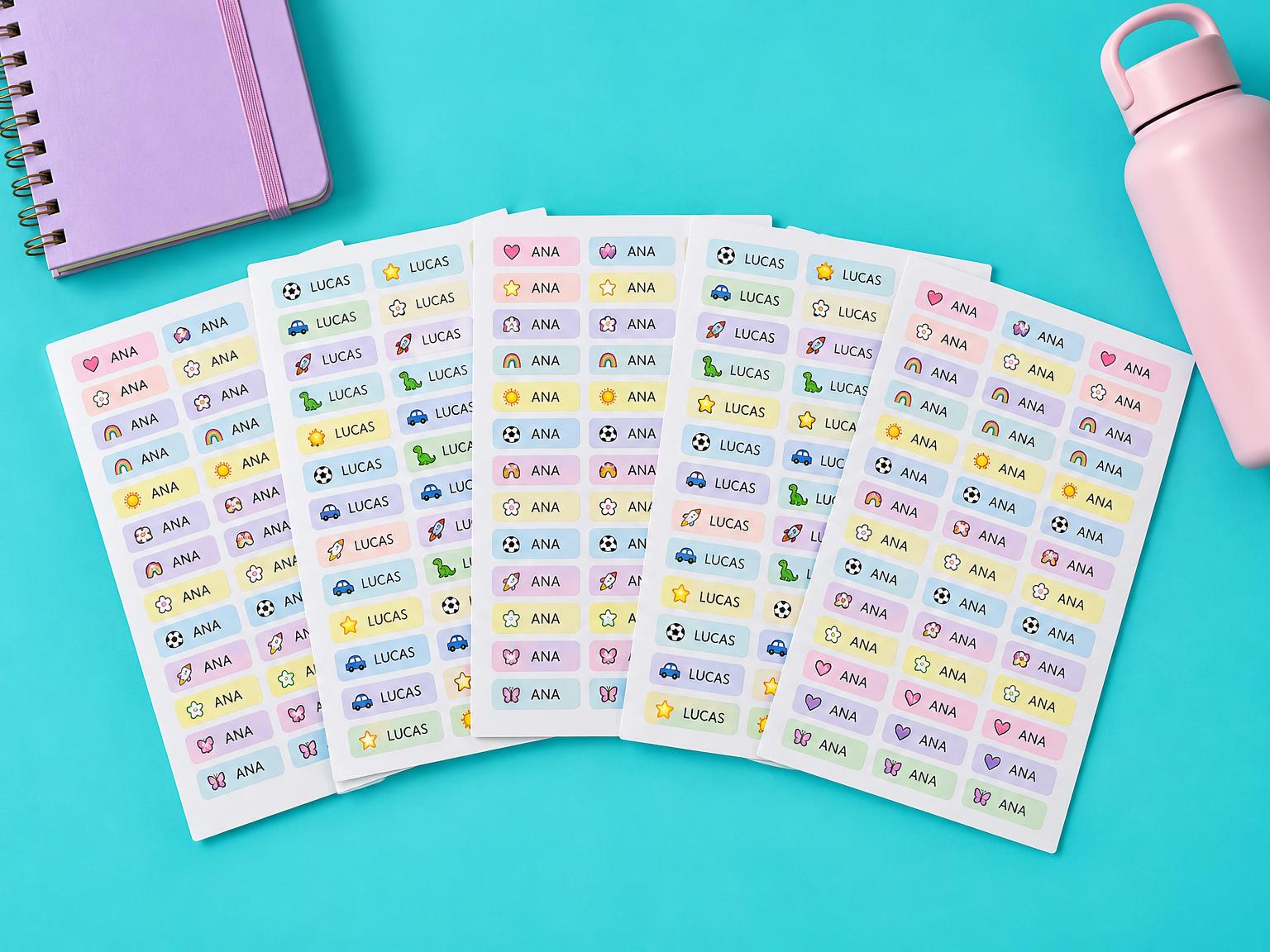 Cartelas com fileiras de etiquetas escolares com nome do Kit Premium